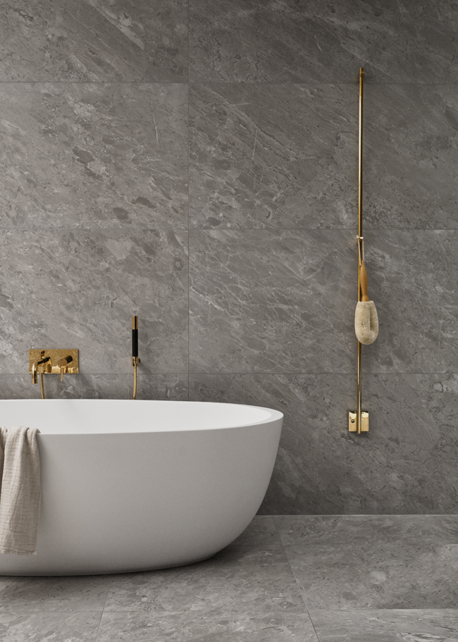 Bild på Badrumsinspiration där vägg och golv har grått klinker ifrån Bricmate Marias Light Grey