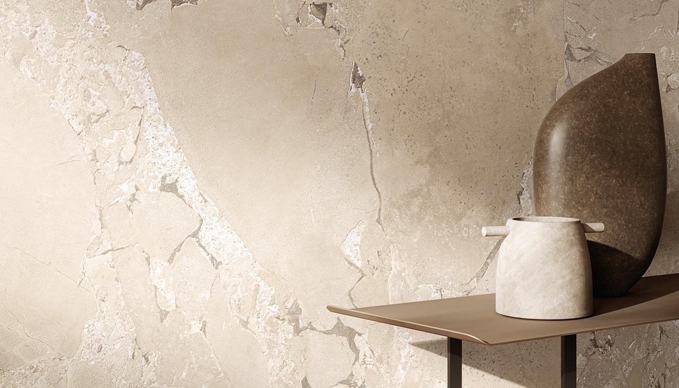 Närbild på beige stenliknande klinker ifrån Provenza