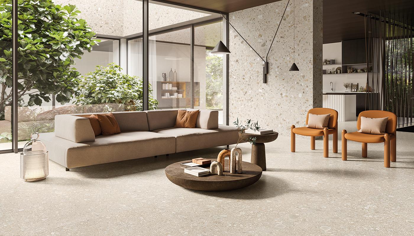 vardagsrum inspiration med beige klinker ifrån Ergon