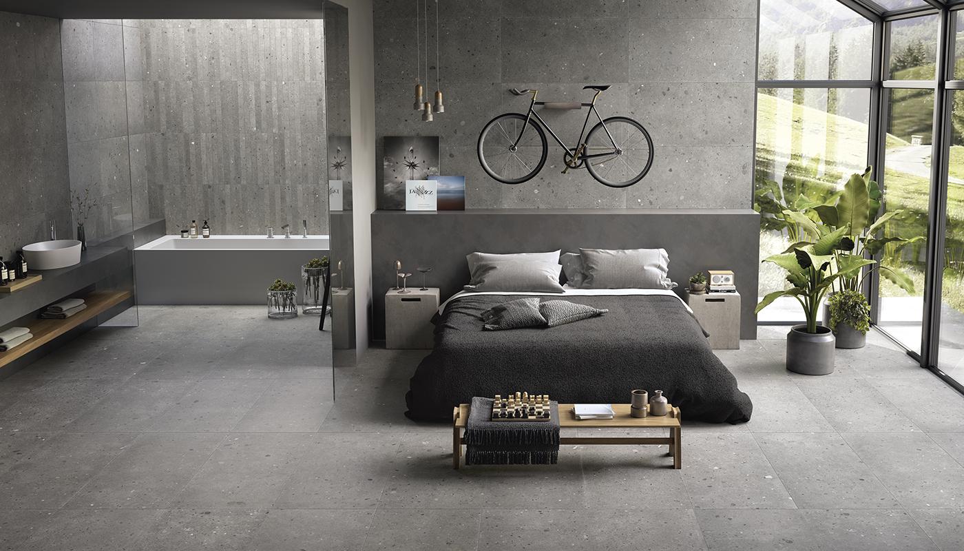 sovrum inspiration där golv och vägg har grått klinker ifrån Provenza