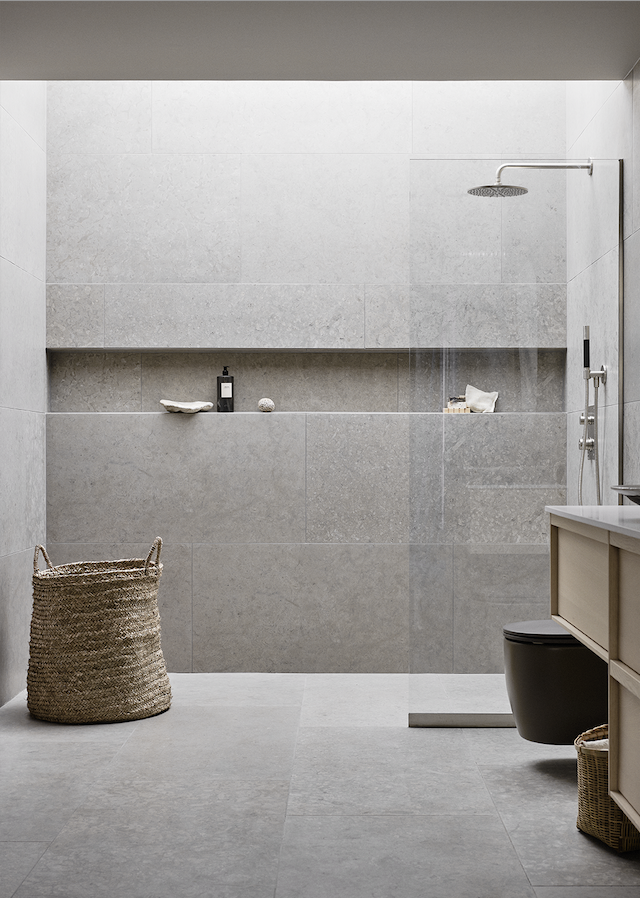 Modernt badrum med grått mönstrad klinker ifrån Bricmate